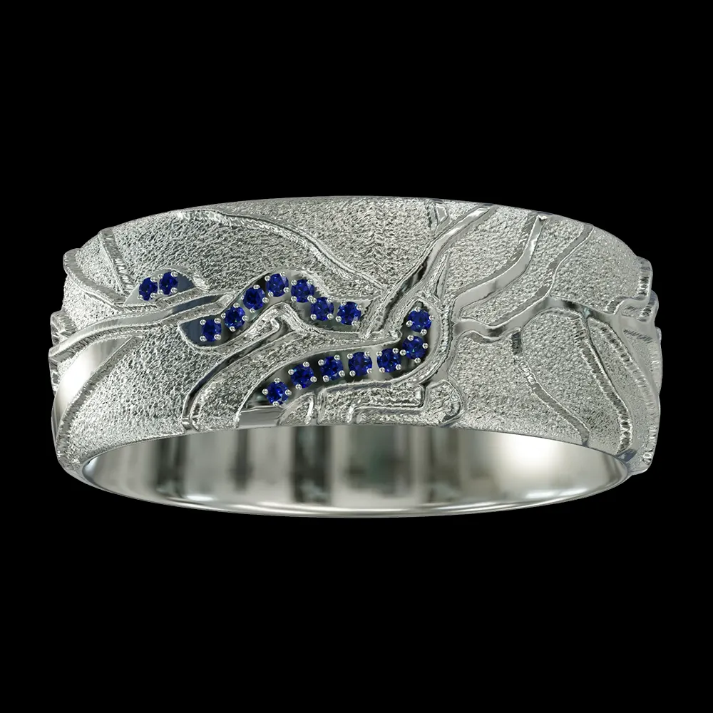 3D-Visualisierung-eines-Retina-Rings-in-Platin-mit-Blauen-Saphiren, handgemacht in Basel