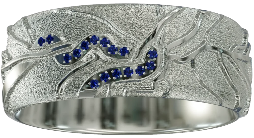 3D-Visualisierung eines Retina-Rings in Platin mit Blauen Saphiren